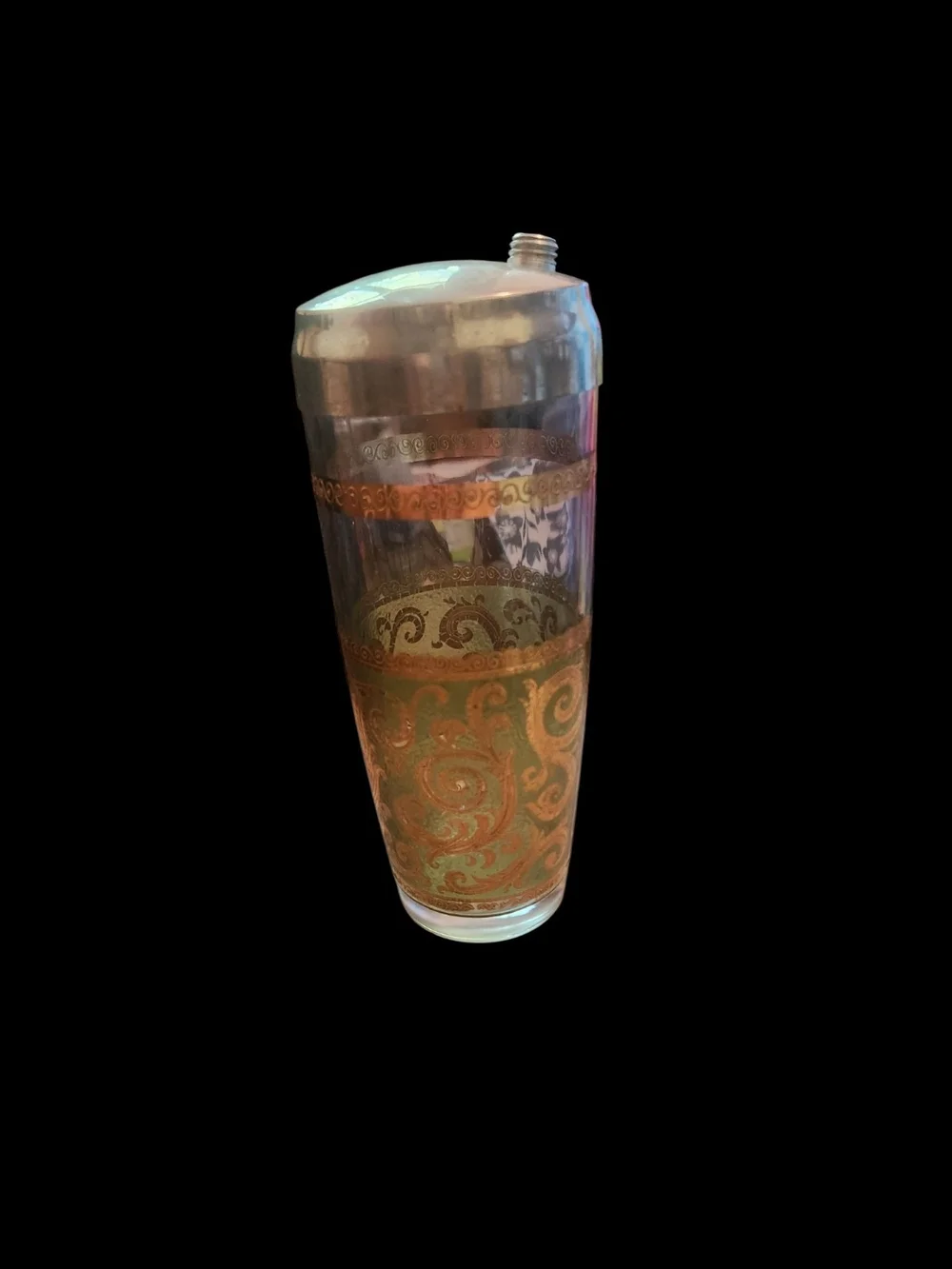 Vintage MCM Culver Toledo Gold-Trim Scroll Glass Cocktail Shaker